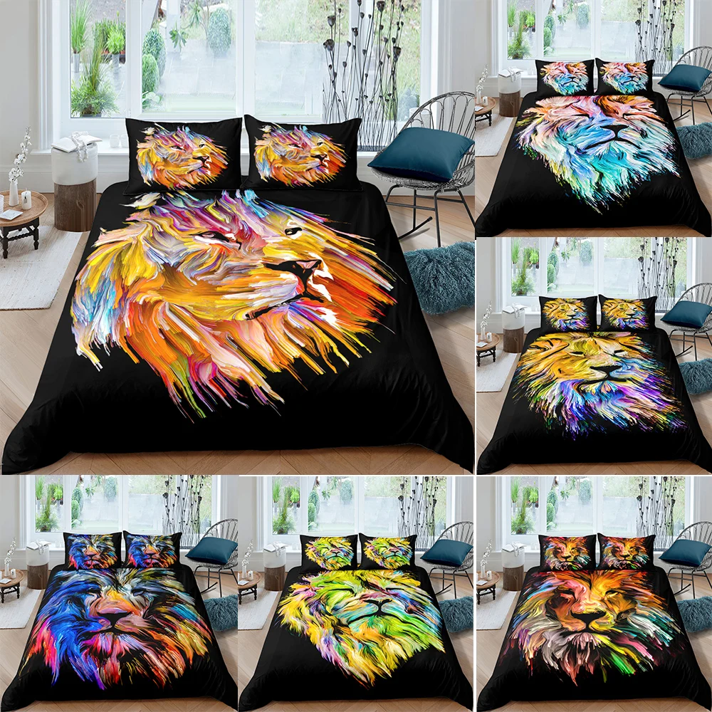 

3D Popular Colorful lion Pattern Bedding Set Queen Size Duvet Cover Comforter Bed Cover Set Bedclothes Quilt Multiple Size 3PCS