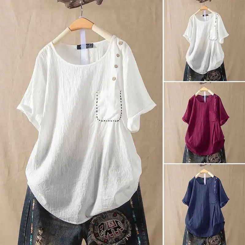 

Elegant Pleated Tops Women Summer Blouse 2020 Casual Short Sleeve Tee Shirts Female O Neck Button Blusas Plus Size Solid Tunic