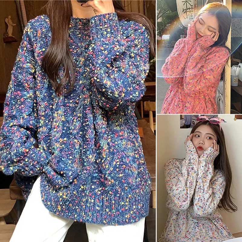 Kili Women'S Korean Round Neck Loose Long Sleeve Color Dot Sweater |