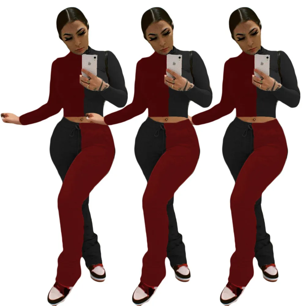 

Stacked Pants Set Contrast Color Panelled Hollow Out Slim Plus Size 2 Piece Set Women Casual Sports Women Clothing Sets Fall