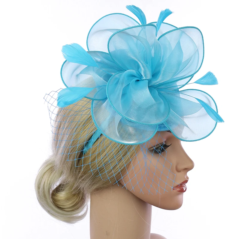 Faux Feather Net Yarns Hat Solid Color Fascinator Weddings Tea Party Headwear Hair Ornament for Girls and Women LL@17