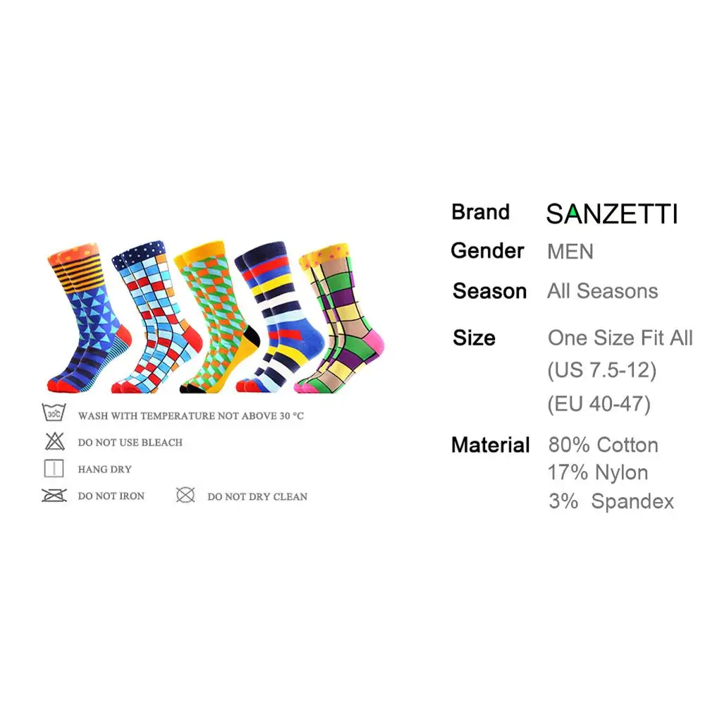 SANZETTI, 5 пар/лот, мужские цветные забавные носки из чесаного хлопка, с Аргайлом, наполненные оптическими полосками, повседневные носки, зимние носки