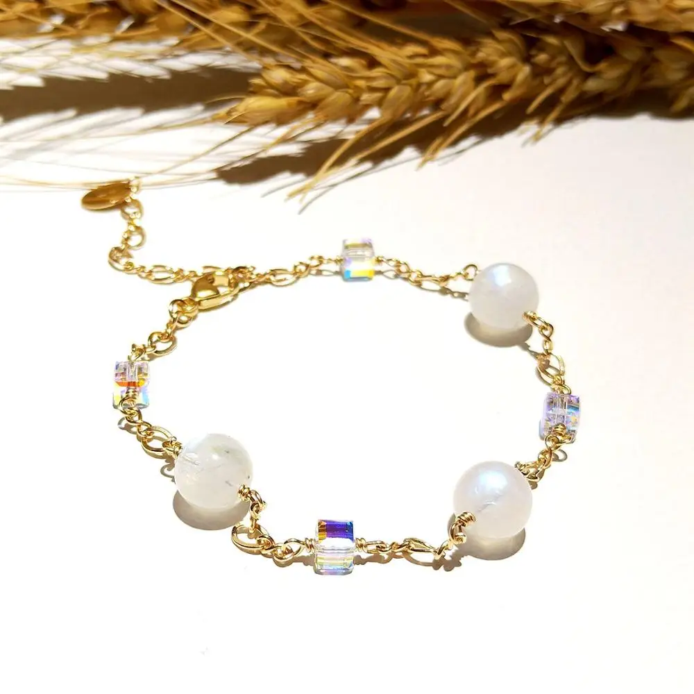 

Lii Ji Aurora Natural Moonstone Austrian Crystal Cube Chain Link Bracelet 17cm+3cm