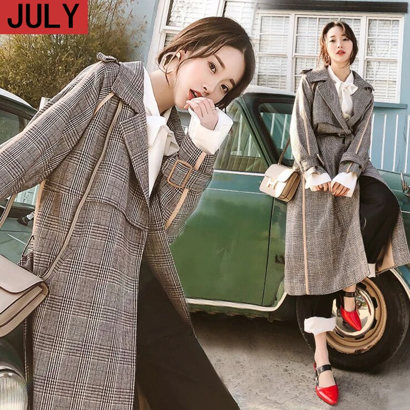 

2019 autumn lattice windbreaker jacket female long section Korean version new fashion was thin lapel system loose Windbreaker