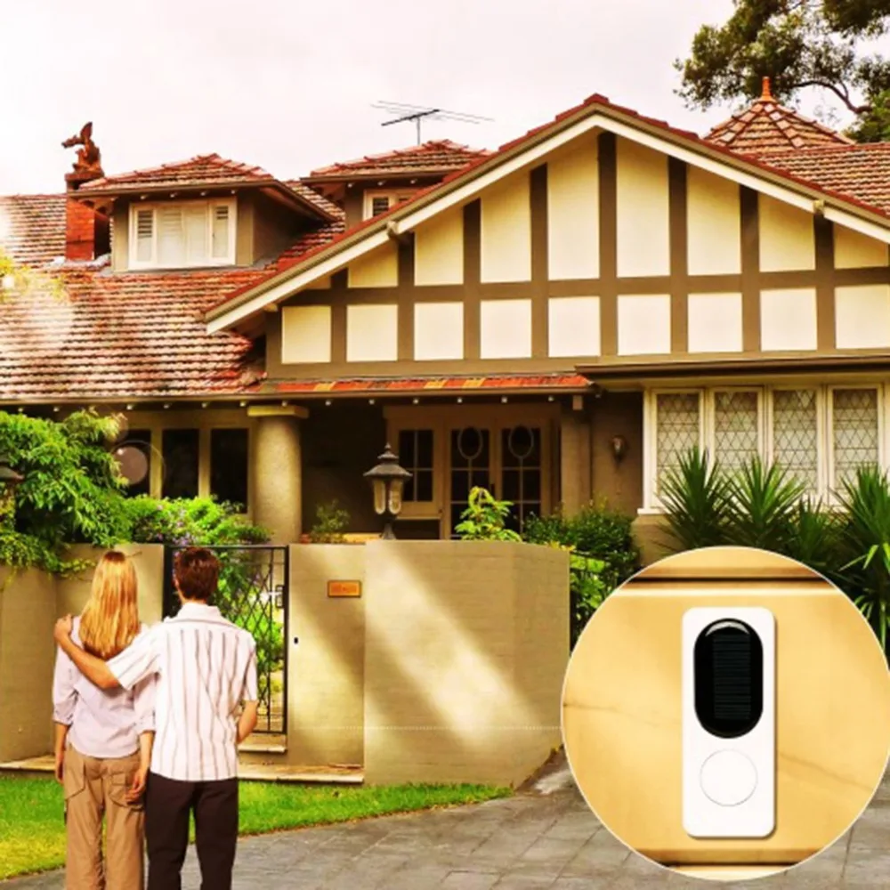 Solar powered Waterproof Wireless DoorBell EU US UK plug Smart Door Bell chime 1 button 1 Receiver LED light door phone system