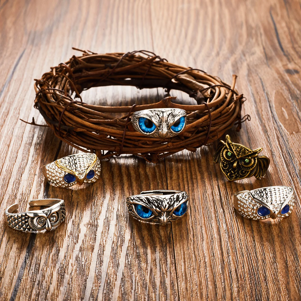 Unisex Vintage Blue Eyed Owl Ring - 316L Stainless Steel Relief Surface Ring, Sizes 6-10