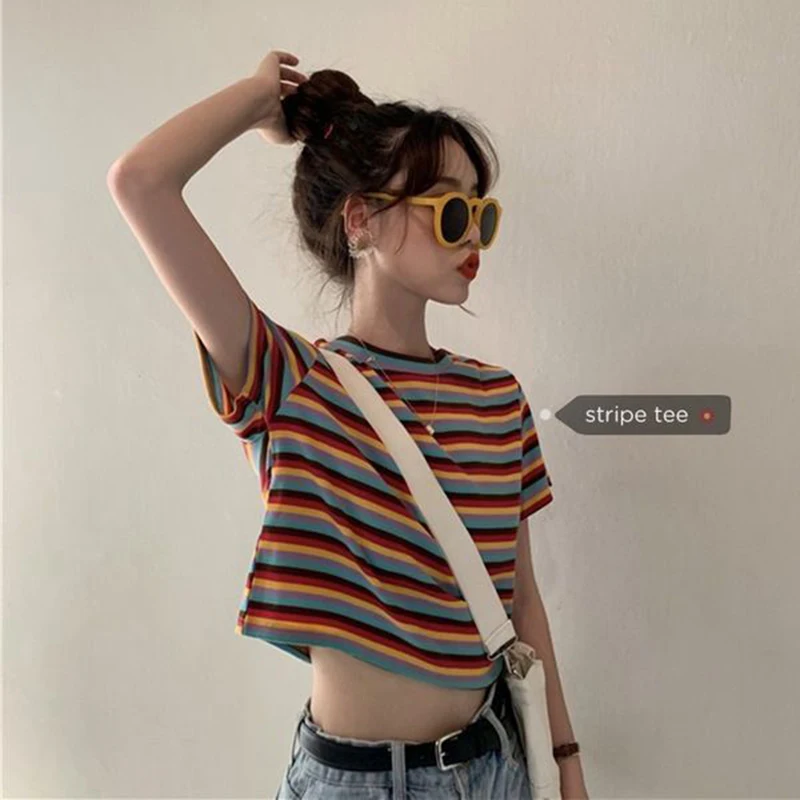 

Cute Rainbow Striped Korean Fashion Harajuku Short Sleeve Women T Shirt Summer Casual Crop Top 2022 New Tunic Oversized Clothing