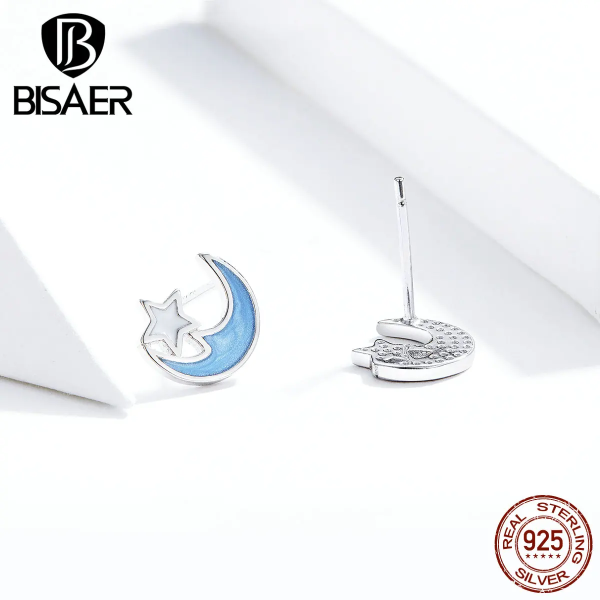 Новое поступление года, Оригинальные 925 пробы Серьги-гвоздики BISAER с серебряной Луной и звездой для женщин, ювелирные серьги HSE792