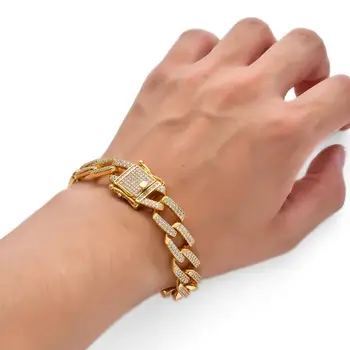 

Hip Hop 14mm Copper 2 Row form Curb Cuban Bracelet Iced Out CZ Bracelet Gold Color For Men Luxury 2020 New Fashion Drop Shipping