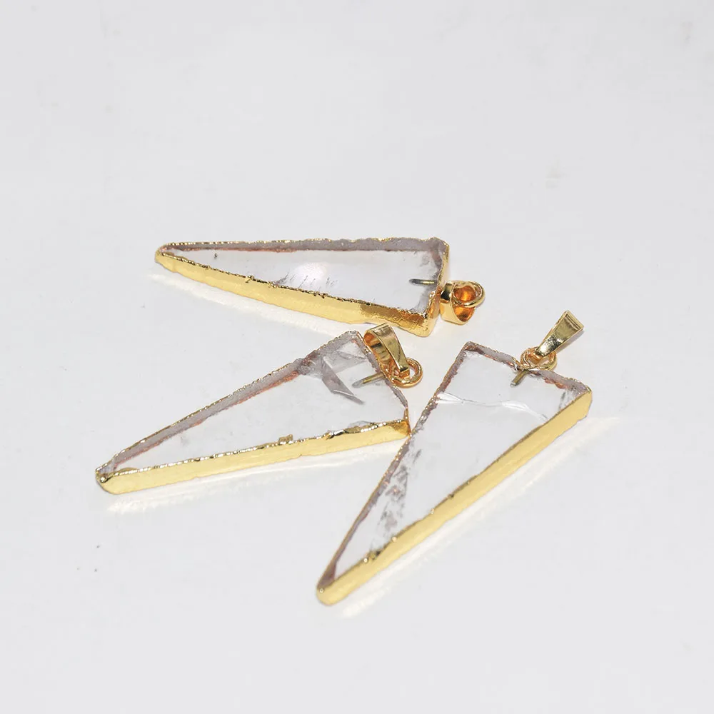 

2023 New Style Natural Rock Clear Crystal Quartz Triangle Charm Pendant female Gold Bezel slice slab arrows stone point 5pc