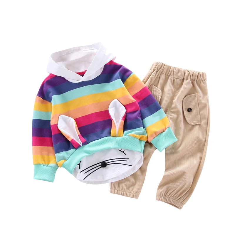 

Rainbow Girls Sets Autumn Rabbit Children Long Sleeve Hoodie Sweatshirt +Pants 2PCS Kids Suit Costume Children Clothes