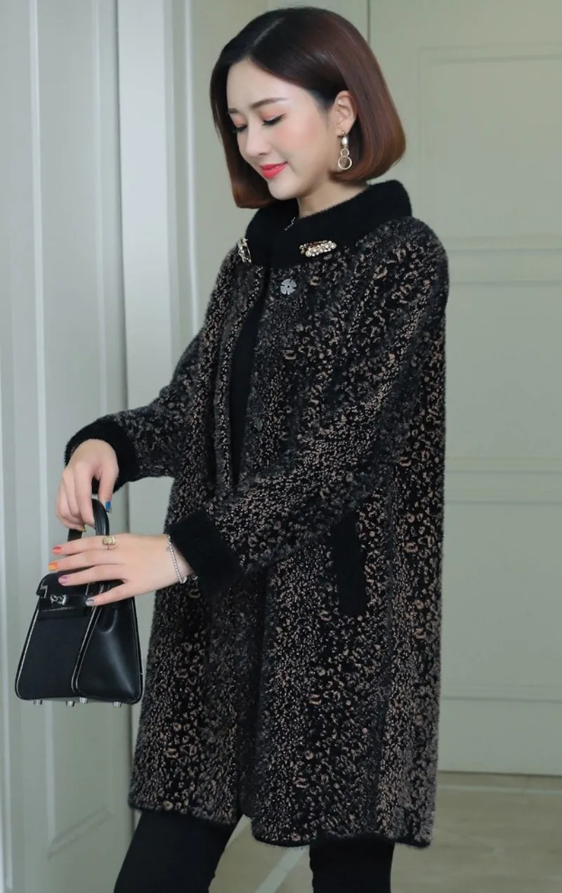 Winter Fashion Elegant Faux Mink Fur Coat Women Streetwear Office Lady Long Sleeve Fur Collar Overcoat Plus Size Stand Collar