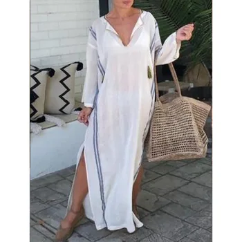 

Beach Pareo For The Capes Women's Beachwear 2020 Swimsuit Women New Neck Long Sleeve Loose Dress Solid Cotton