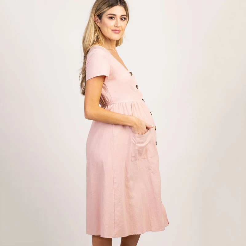 Button Pocket Maternity Dresses 