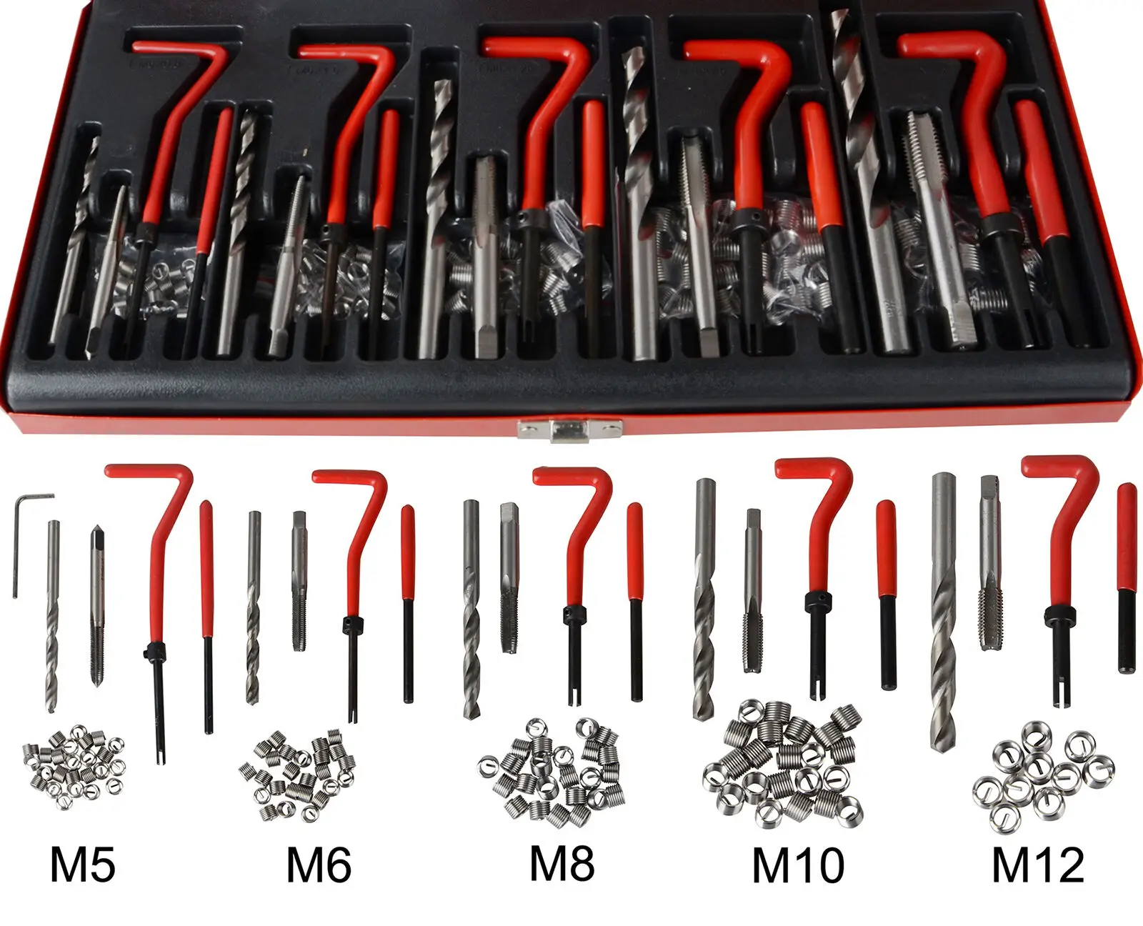 Kit de réparation des filetages M8x8/12/16 mm, BÖLLHOFF HELICOIL® Plus Kit 34 pièces incl. foret hélicoïdal, taraud à main (HSS), broche de montage, brise-goupille