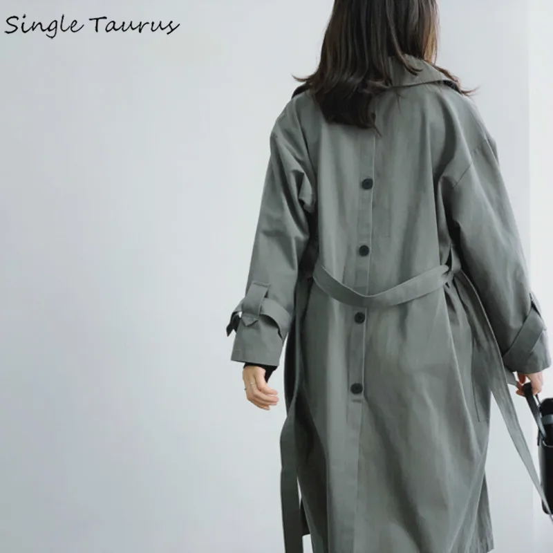 

Adjustable Waist Korean Trench Coat for Women Back Single Breasted Button Long Sleeve Fall Ropa Mujer Khaki Dark Grey Sobretudo