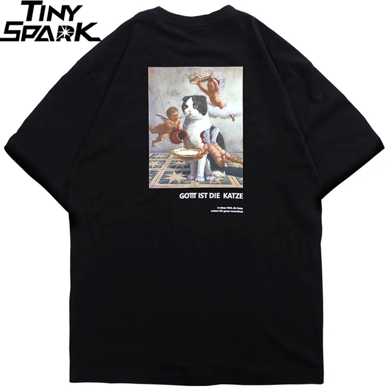 Мужская футболка в стиле хип-хоп, забавная футболка с изображением кота ангела, уличная одежда, футболки с надписью Deutsch, летние топы с коротким рукавом, хлопковые Весенние футболки