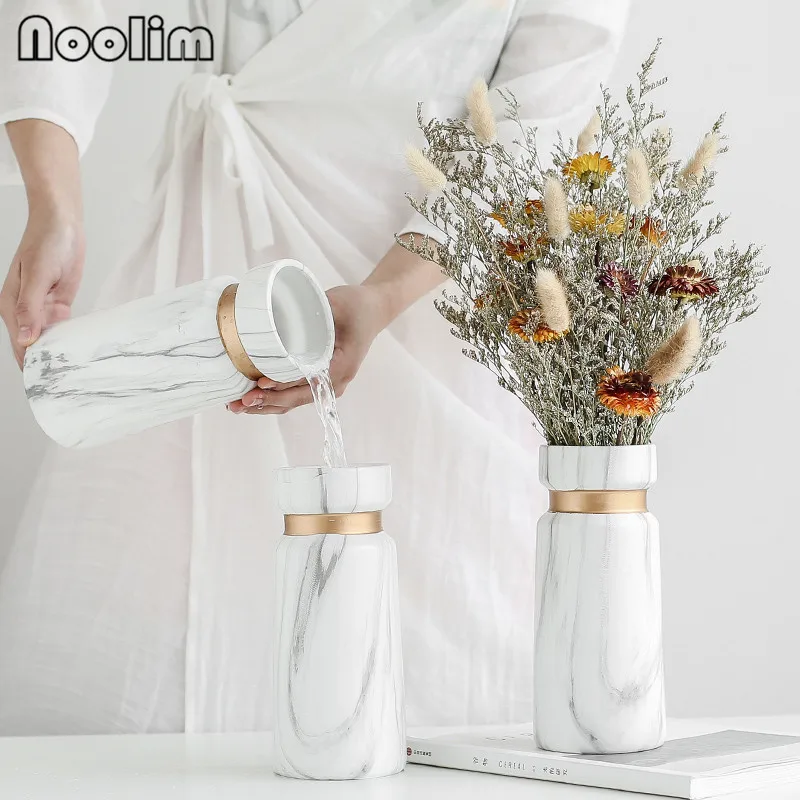 Nordic Marble Pattern Dried Flower Vase Minimalist Living Room Ceramic Artificial Flower Container Home Wedding Decoration