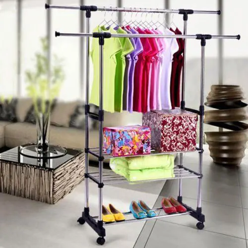  Portable Dual Bars Adjustable Double Pole Clothes Coat Garment Dryer Rack Rail Hanging Hanger Shoe 