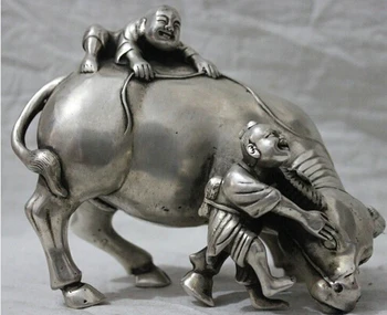 

++++ free shipping Chinese Folk Culture HandMade Silver Bronze statue Bull cowhand Boy Sculpture