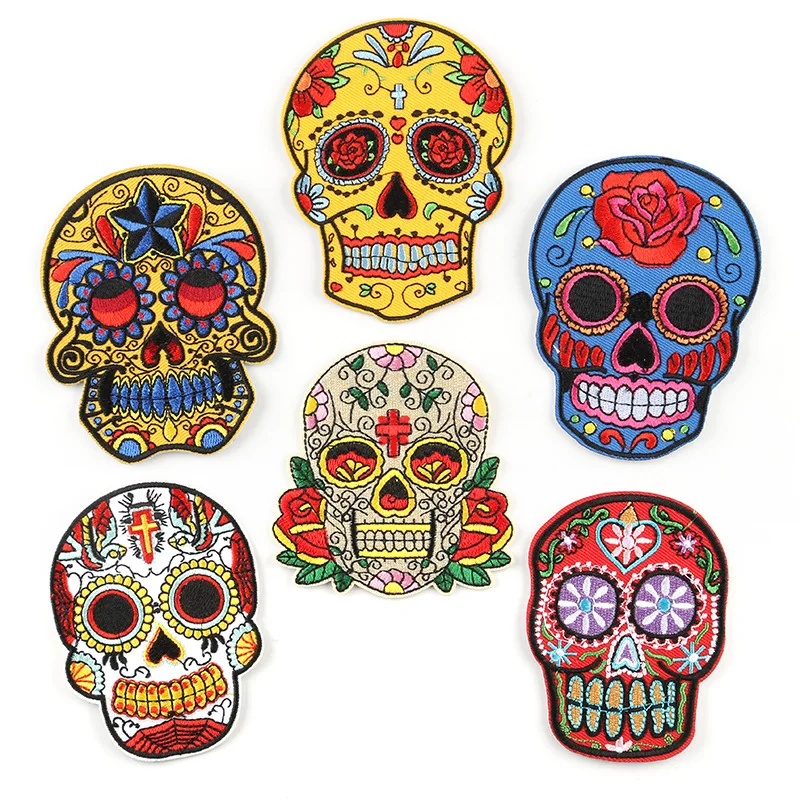 

Colored Skull Embroidery Patches for T-shirt Iron on Stripes Appliques Clothes Stickers Clothing Ghost Badges @G