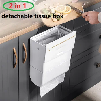 

Hanging Trash Can for Kitchen Cabinet Door Removable Tissue Box Sealed Trash Storage Bin with Portable Bathroom Cleaning Tools