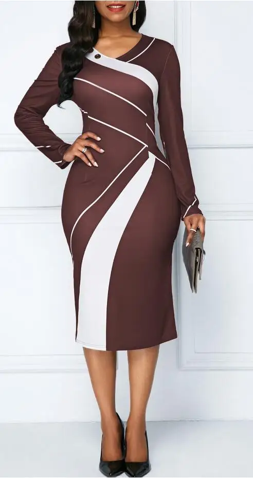 Элегантное офисное платье-карандаш с круглым вырезом в стиле пэчворк с длинным рукавом и пуговицами для женщин осень плюс размер тонкое облегающее платье по колено S-5XL - Цвет: Brown