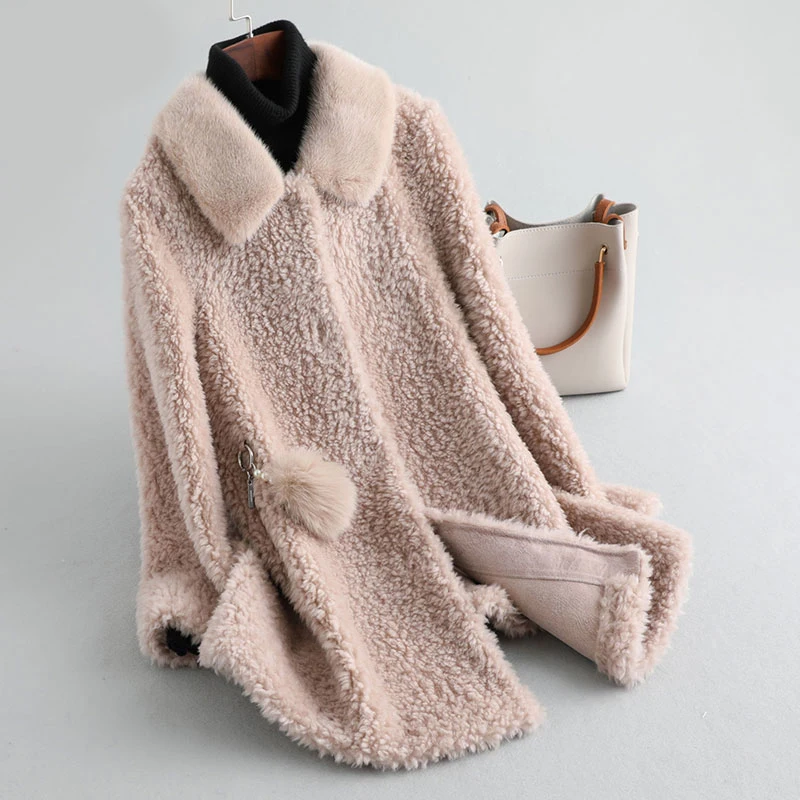 Pudi A19066 женская зимняя простая стильная натуральная шерсть шуба норковый меховой воротник куртка пальто Женская мода натуральная меховая шуба верхняя одежда - Цвет: khaki