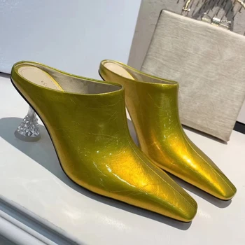 

Patent Leather Pumps Crystal Heel Fashion Ladies High Heels Square Toe European Women Wedding Shoes Hollow Out Woman Sandals