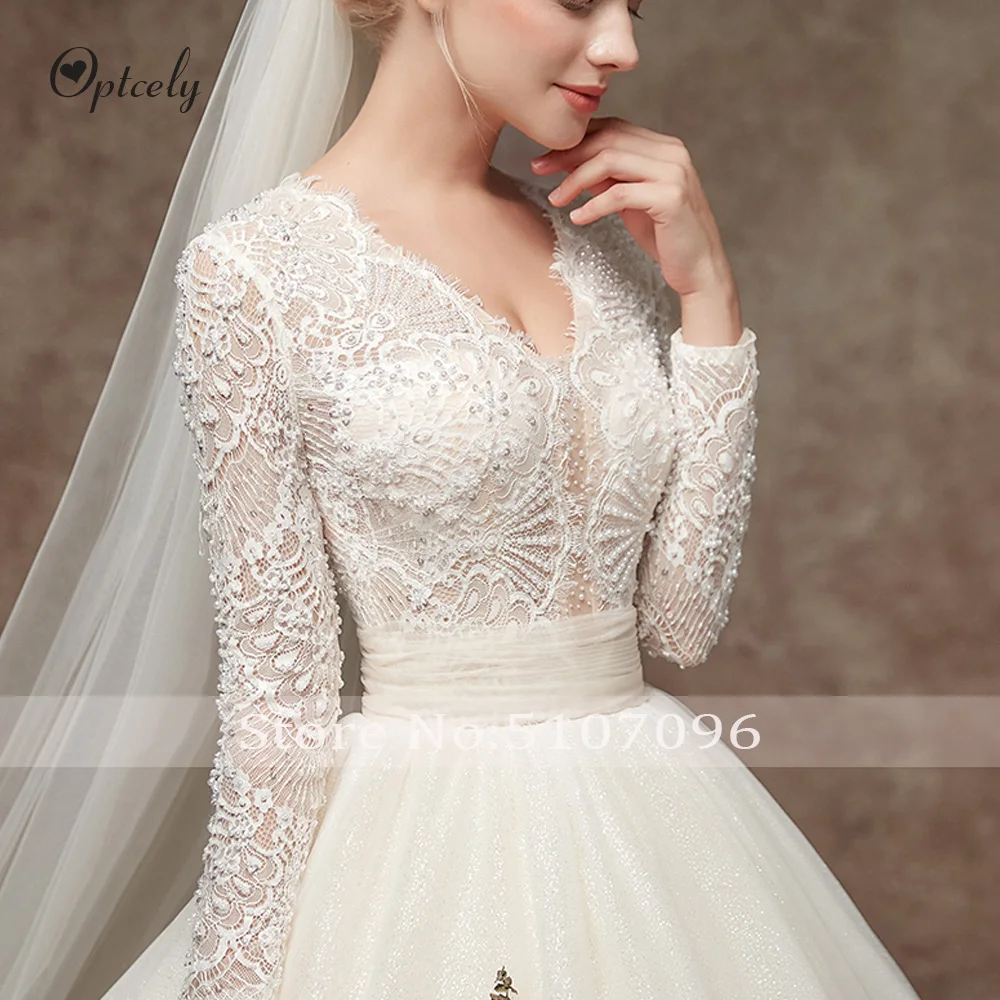 Optcely Robe De Soiree элегантное украшение шеи с длинным рукавом Прозрачная молния бальное платье свадебное платье кружево с аппликацией и бисером платье