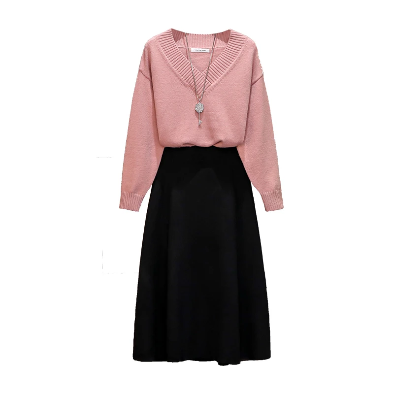 

2019 Fall Knitted Suits Women Sister V Neck Pullover Sweater Long Skirt Two-Piece Clothing Set Leisure Outfits Plus Size L-4XL