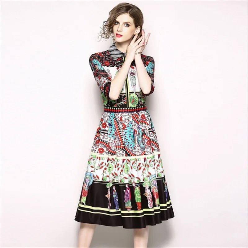 

Photo Shoot Ozhouzhan 2018 New Style Shirt Collar Slimming Retro National Wind Slim Fit Europe And America Dress