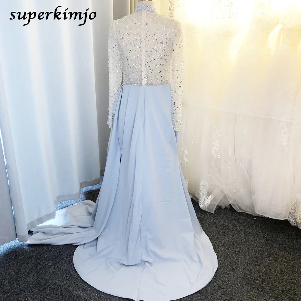 SuperKimJo Серебряное Вечернее платье русалки с длинным рукавом и высоким воротом элегантное роскошное вечернее платье с бисером Vestido Longo Festa