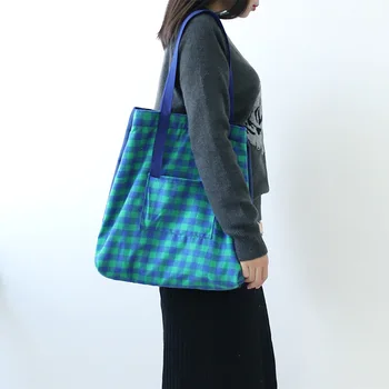 

Raged Sheep Girls Student Cotton Fabric Fashion Shoulder Tote Handbag Plaid Women Reusable Grocery Bag Foldable Shopping Bag