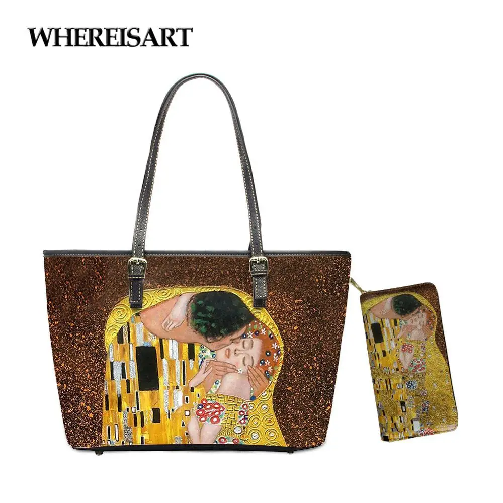 

WHEREISART 2pcs Women Top-handle Bag And Purse Gustav Klimt The Kiss Printing PU Leather Ladies Casual Shoulder Bag Sac A Main