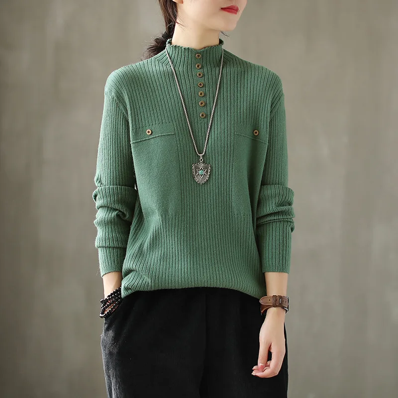 Johnature Spring Autumn Loose Casual Half High Collar Women Pullover Sweater 2020 New Simple All-match Fashion Bottoming Knitted | Женская