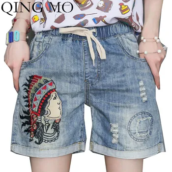 

QING MO Summer Women Vintage Pants 2020 Hot Women Embroidery Pants Female Denim Jeans Summer Short Pants ZQY3748