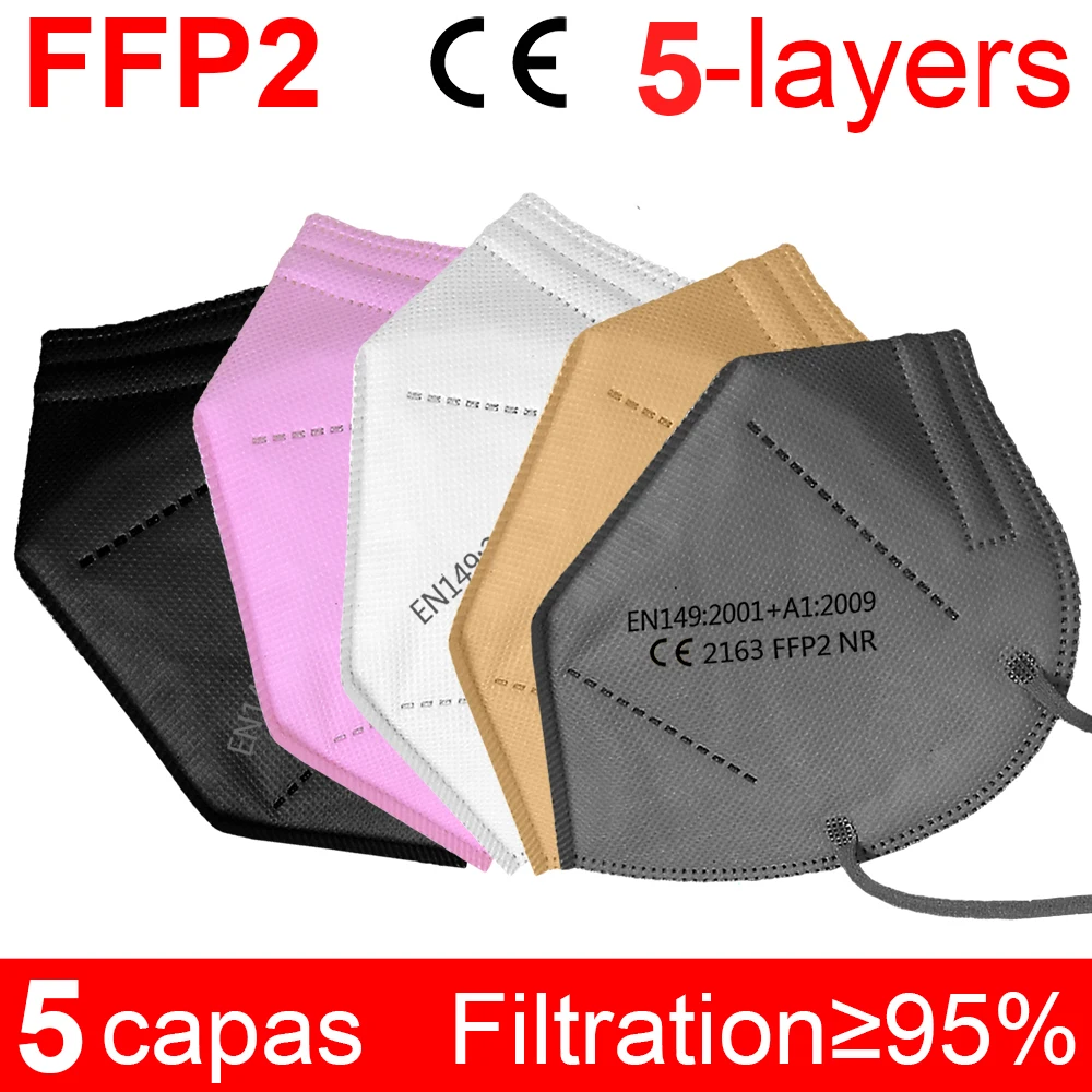 Mascarilla facial FFP2 KN95, máscara fp2 con filtro PM2.5 200 en blanco y negro, antipolvo, 5-95% Uds., estándar de la UE, envío rápido