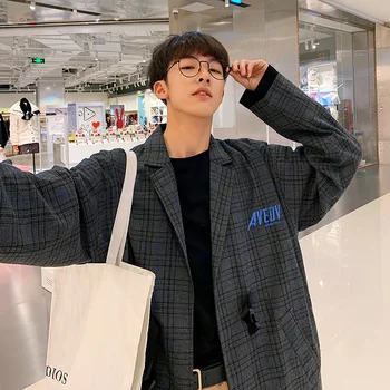 

Autumn New Plaid Jacket Men Fashion Retro Casual V-neck Drawstring Jacket Man Streetwear Wild Hip Hop Loose Bomber Jacket S-XL