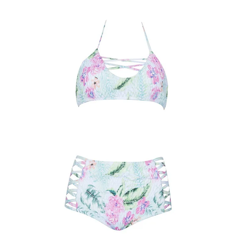 

2019 Europe And America New Style Fashion Shirred Floral-High-waisted Split Type Bikini WOMEN'S Swimsuit Hot Selling