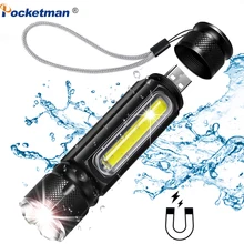 

Multifunctional Flashlight LED USB Rechargeable battery Powerful T6 torch Side COB Light linterna tail magnet Work Light