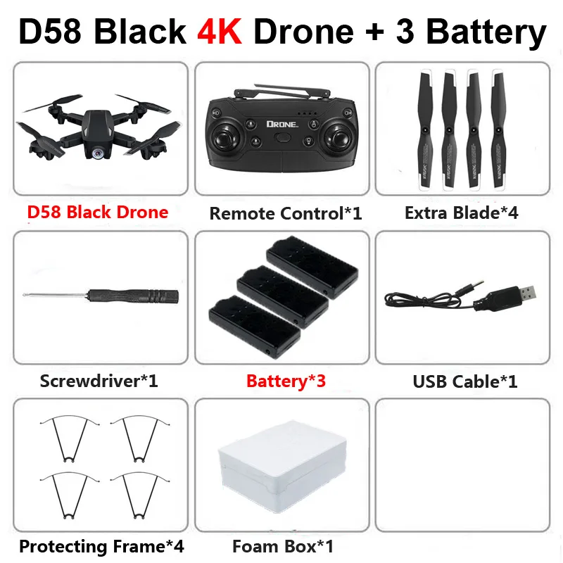 Новинка, профессиональный складной Дрон D58 с камерой, 4 K, 1080 P, HD, WiFi, FPV, оптический поток, RC Квадрокоптер, вертолет, игрушки, E520S, SG106 - Цвет: D58 4K Black 3B