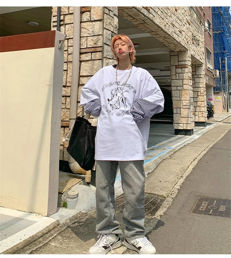 Harajuku футболка уличная хип хоп Осенние футболки Мужская Женская Повседневная футболка Свободная футболка с длинными рукавами футболка с принтом японской собаки