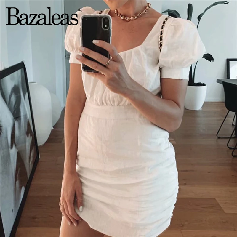 Bazaleas, винтажное, белое, с рюшами, vestidos, модные, тонкие платья, для женщин, дворцовая рубашка, рукав, женское платье