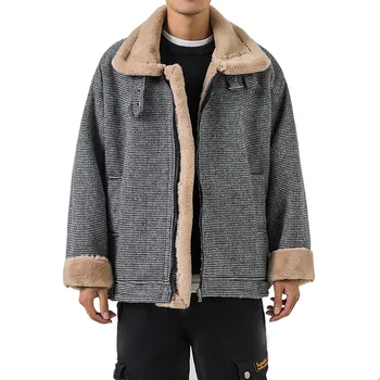 

Men houndstooth lapel plus velvet loose coat / 2019 winter mens thick British style pattern large size 5XL thick cotton clothing