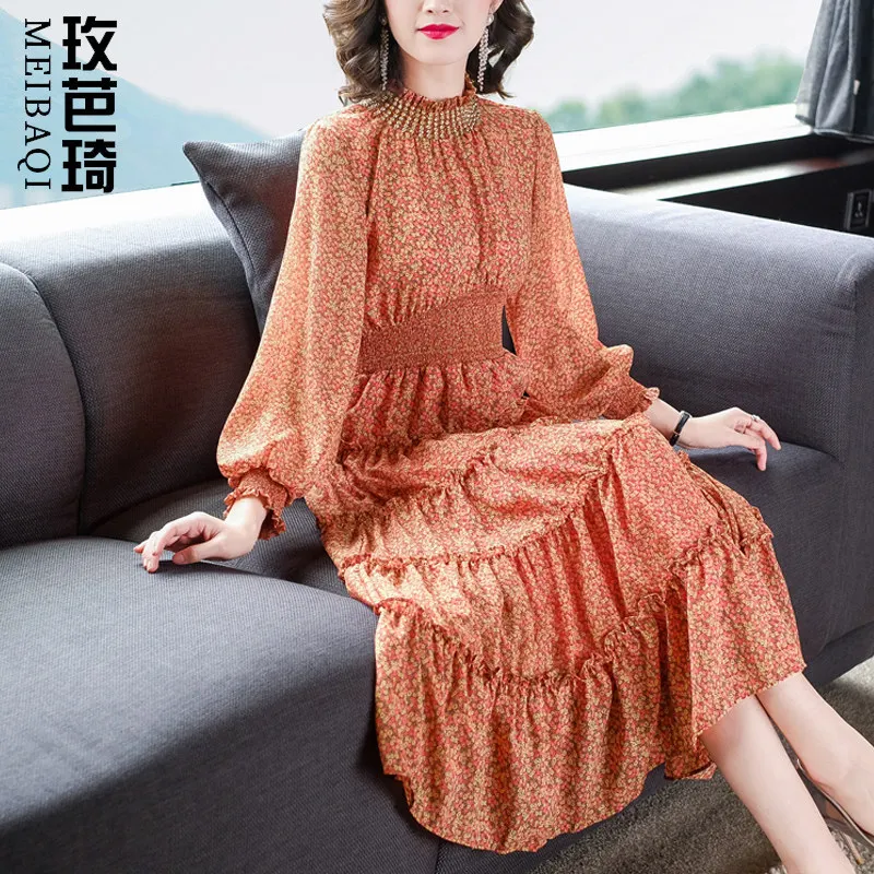 

Floral-Print Chiffon Dress 2020 New Style WOMEN'S Dress Spring Waist Hugging Slimming Elegant Long Skirts Long Western Style Spr