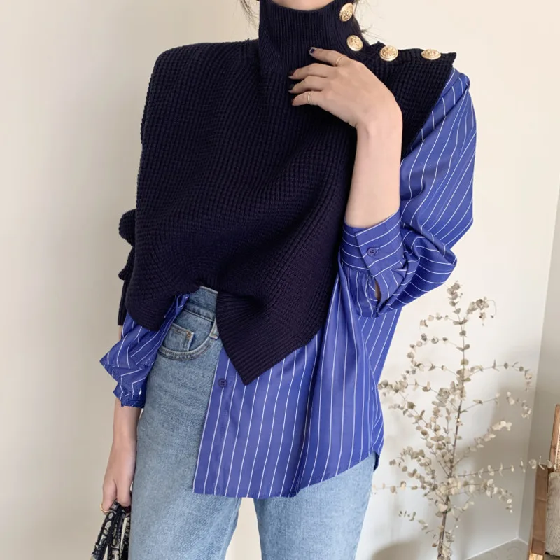 

Buttons Fake Two-piece Shirt Stitching Striped Bubble Sleeve Sweater Blue women Korean Chic 2020 Autumn High Collar Side