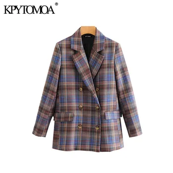 

Vintage Stylish Double Breasted Plaid Blazer Coat Women 2020 Fashion Long Sleeve Pockets Office Wear Female Outerwear Chic Tops