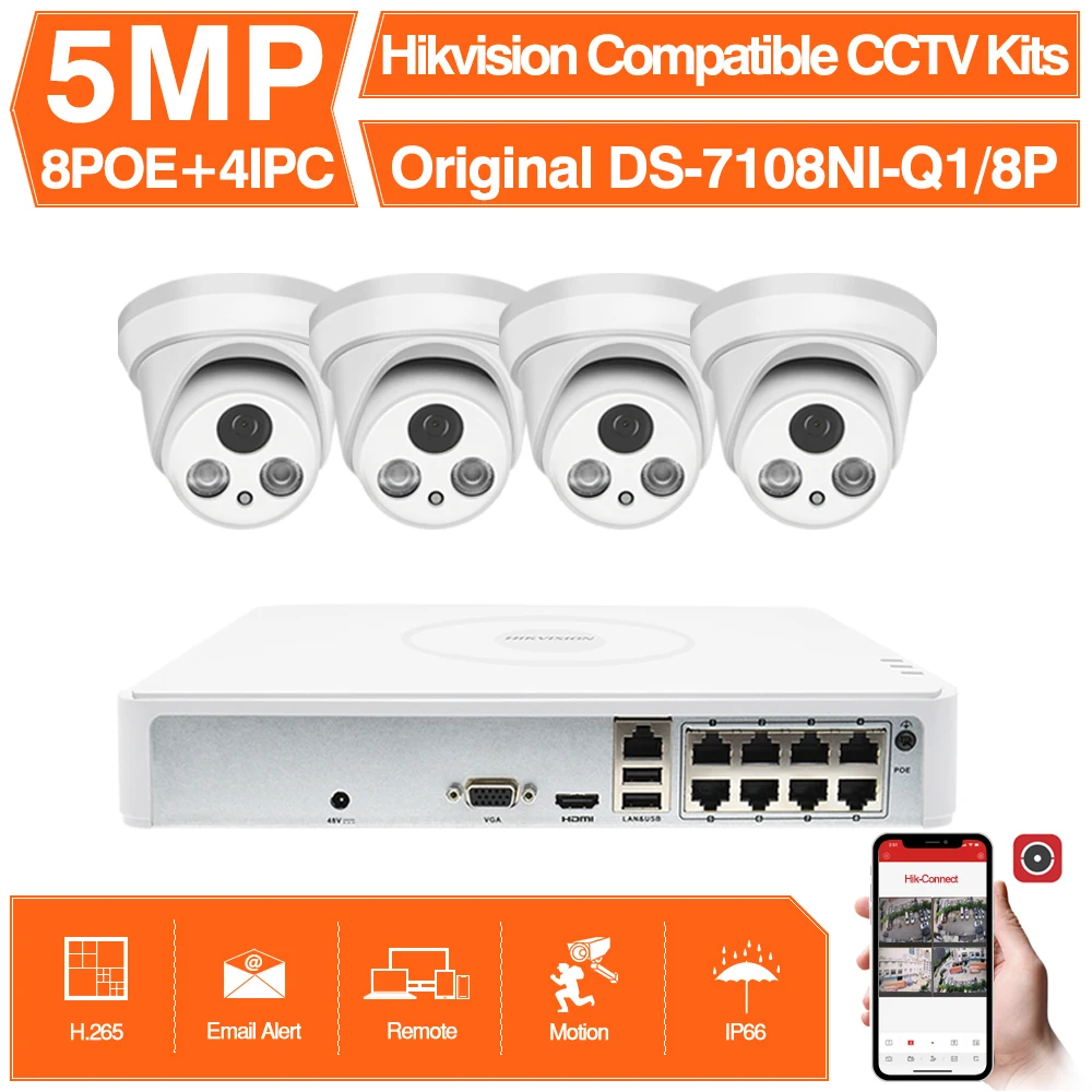 Hikvision Compatible CCTV System 4PCS 5MP POE IP Camera ColorVu & Hikvision 8CH POE NVR DS-7108NI-Q1/8P DIY Video Security Kits