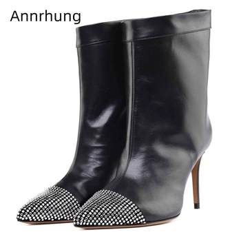 

Jeweled Crystal Pointed Toe Short Boots Women Sexy Stiletto Heel Slip-on Botas Mujer Real Leather Rhinestone Women Booties